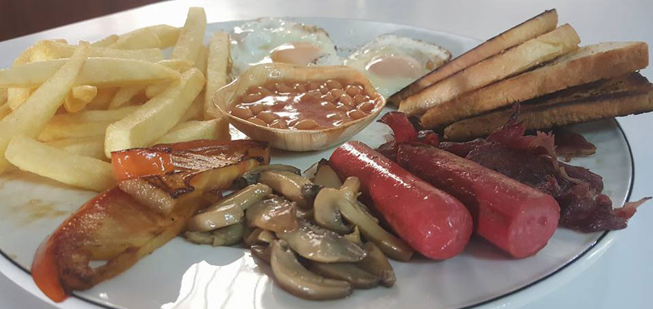 Full English breakfast with beans and chips